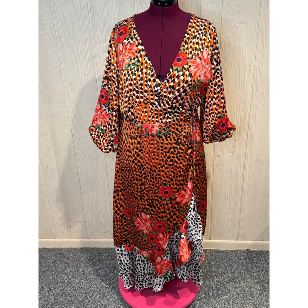Liquorish Women's Wrap Dress Size 14 Orange Black Floral